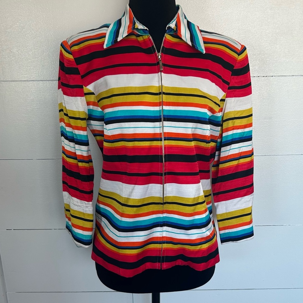 VTG vibrant Mishca rainbow-striped zip-front blazer 3/4 sleeve full zip closure.